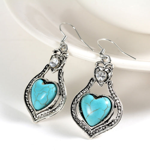New Fashion Luxury Tibetant Silver Vintage Heart Crystal Blue Stone drop earrings