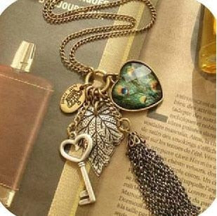 fashion vintage female long design peacock feather tassel necklace
