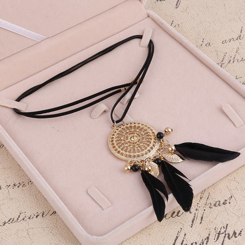 Elegant Feather Long Beaded Black Chain Tassel Necklaces